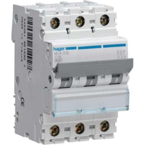 Hager interruttore automatico modulare  3p 16a 6ka 3 moduli mca 316
