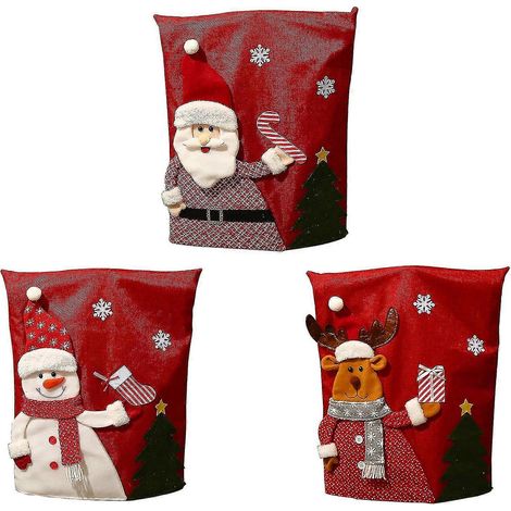 Weihnachtsstuhlhussen, Stuhlhussen mit Weihnachtsmannmotiv und 3D-Mustern, Esszimmerstuhlhussen, Leinenstuhlhussen für Weihnachtsdekorationen, 3-teilig (1/5)