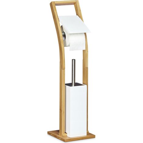 Relaxdays Toilet Brush and Holder Size: 75 x 19 x 19 cm Bamboo Toilet Brush Holder with Toilet Paper Holder Bathroom Butler with Toilet Brush and Toilet Roll Holder Free-Standing Toilet Stand, White (1/5)