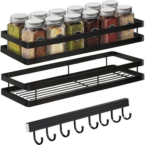 Étagère à épices murale sans perçage en acier inoxydable pour cuisine, porte d'armoire, décoration, salle de bain, noir (1/5)