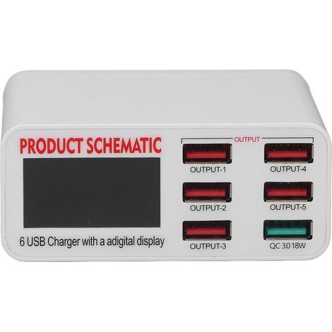 6-Port-USB-Ladegerät mit intelligenter Digitalanzeige, 110–240-V-Netzteil, Schnelllade-Mehrfachsteckdose (1/5)