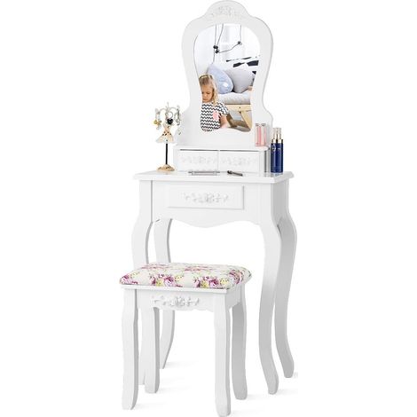 Coiffeuse Vintage avec Miroir Amovible, Petite Table de Maquillage avec 3 tiroirs et Tabouret rembourré, Coiffeuse en Blanc (1/5)