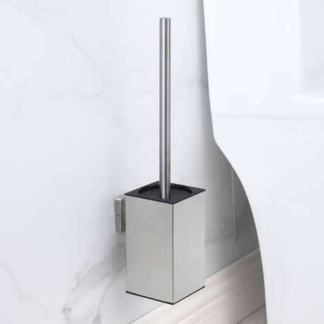 Brosse WC avec montage mural, brosse WC en silicone et support, brosse WC carrée en acier inoxydable 304 (argenté)
