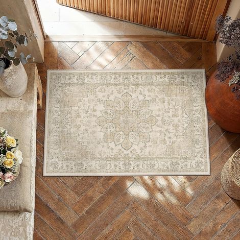 Vintage Tapis Entree Beige 60x90cm Rug Lavable en Machine Petit Rugs,Antidérapant,Chambre Enfant Carpets,Descente de Lit,Cuisine,Interieur Doux Poil Ras,Salle de Jeux Carpet (1/5)
