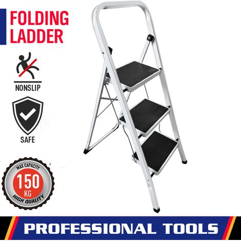 Foldable 3 Step Ladders Non Slip Mat Tread Folding Steel Ladder Used Kitchen DIY (1/5)