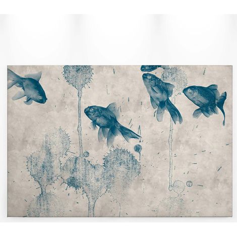 Tableau poissons japonais & tâche de peinture | Tableau bleu & beige pour salle de bain | Tableau sur toile déco salon & couloir - 0,9 x 0,6 m (1/5)