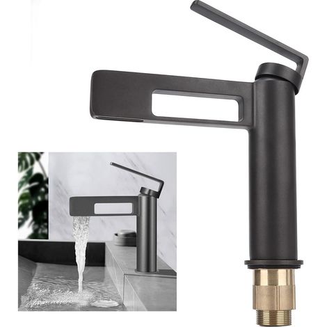 Robinet de lave-mains noir – Mitigeur haut monotrou en laiton – Finition brossée – Aérateur pour flux doux sans éclaboussures (1/5)