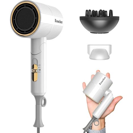 Sèche-cheveux ionique 2000W [Petit/Pliable - 10 x 7 x 19cm/250g] Blanc  Sèche-cheveux de voyage avec Concentrateur (1/5)