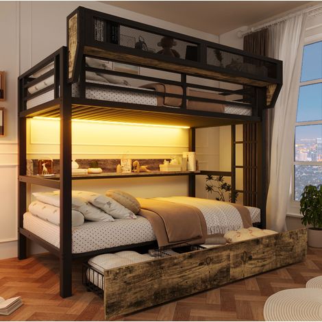 Lit superposé 90x200 avec rangements LED métal noir OKMYHOME (1/5)