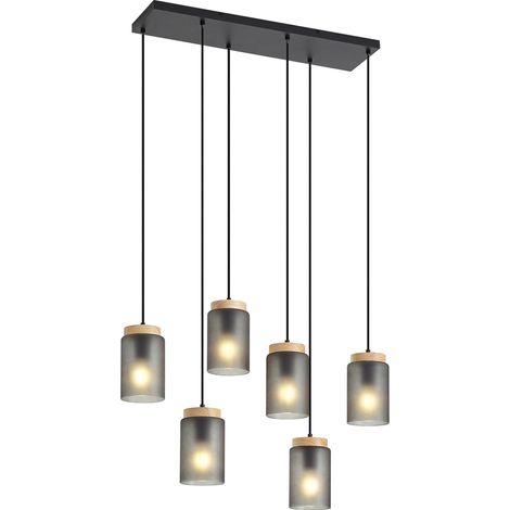 QAZQA Moderne Hängelampe schwarz mit Holz und mattgrauem Glas