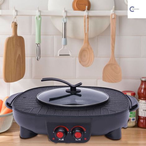 Elektrische 2-in-1 Fondue- und Grillpfanne, rauchfreier Grill, 42 cm Multifunktionspfanne.
