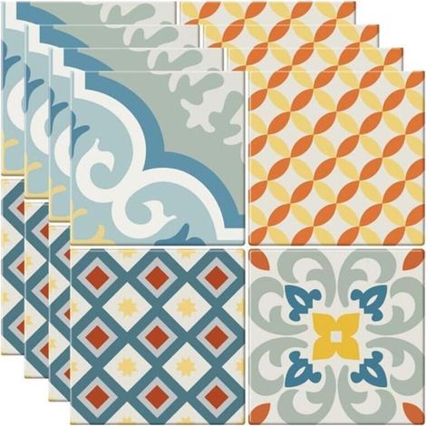 Lot de 4 panneaux muraux 3D, carreaux autocollants style bohème, 23 cm, à décoller et coller, pour décoration de cuisine, chambre et salle- (1/4)