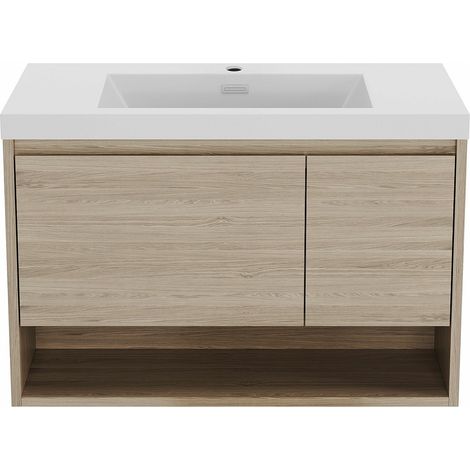 Meuble de salle de bain suspendu simple vasque coloris naturel clair - 90 cm - PUJUKA (1/5)