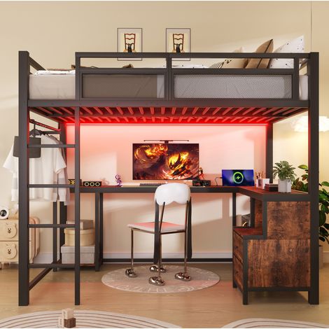 DESVIAE Lit mezzanine 140 x 200 cm avec bureau étagères tringle à vêtements éclairage LED station de charge USB structure en métal noir et décor bois style industriel (1/5)