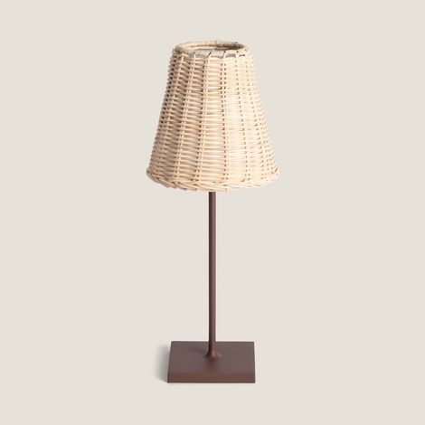 Lámpara de Mesa LED Portátil Exterior con Batería USB Recargable Aluminio y Ratán Medinilla Marrón