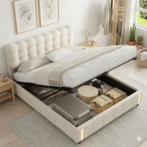 Lit coffre 140x190,lit 140x190 avec sommier à lattes,LED,lit double capitonné,lit adulte,lit 2 personnes,tissu en velours,Beige