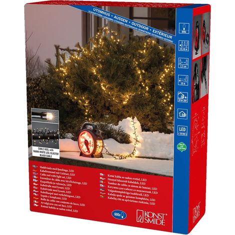 Konstsmide Micro LED Compactlights 3846-100 - Catena luminosa con avvolgicavo, 600 diodi bianchi caldi, trasformatore esterno da 30 V, 6 W, cavo nero (1/5)