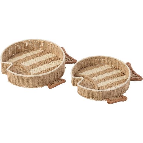 Lot de 2 Plateaux Déco "Poissons" 43cm Naturel & Blanc