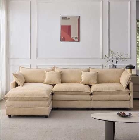 Divano angolare modulare 3 posti con chaise longue e pouf, caffè chiaro DESVIAE (1/5)