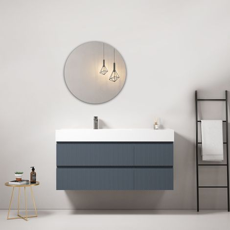 Mobile bagno sospeso cannettato 120 cm Blu Mare Lavabo a Sinistra in Resina Specchio Tondo - Fiji Paint (1/4)