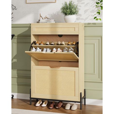 Meuble à chaussures étroit bois moderne – 2 abattants, tiroir, façade en rotin – étagères réglables – rangement compact entrée/salon – sans fixation murale – couleur wood (1/5)