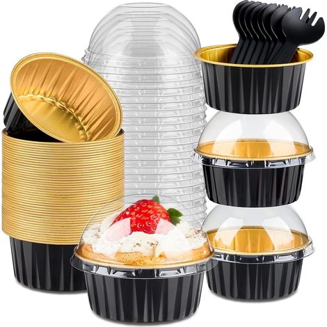 50 Pièces Mini Moules à Gâteaux avec Couvercles et Cuillères, 150ml Plats de Cuisson Ronds en Papier D'aluminium Petites Caisses à Pain Coupes pour Pain Dessert Pique-Nique Fête (Or Noir),Parent,Or (1/5)