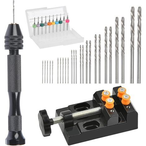 37 Pièces Ensemble de Perceuse à Main Mini Perceuse à Main de Precision Aluminum Mandrin sans Clé Foret Fraise Twist Forets Torsion et Étau Banc pour Artisanat Sculpture Bricolag (1/5)
