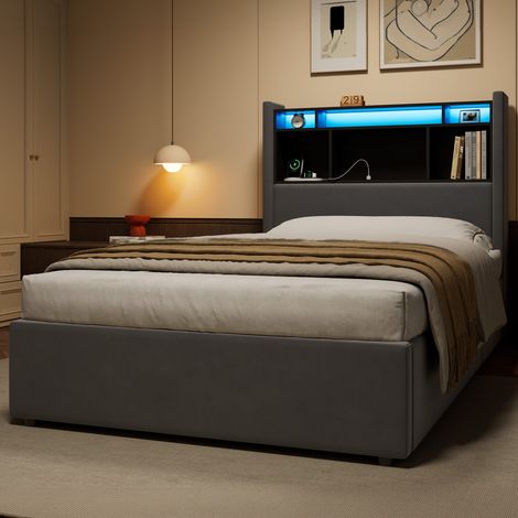 Cama hidráulica con almacenamiento 219x111x99 cm de terciopelo gris oscuro con LED y base de carga (1/5)