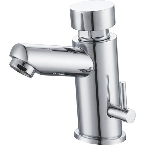Grifo de lavabo temporizado, mezclador de 2 vías (agua caliente y fría), pulsador de pared, acabado cromado, ahorro de agua, control automático (1/2)
