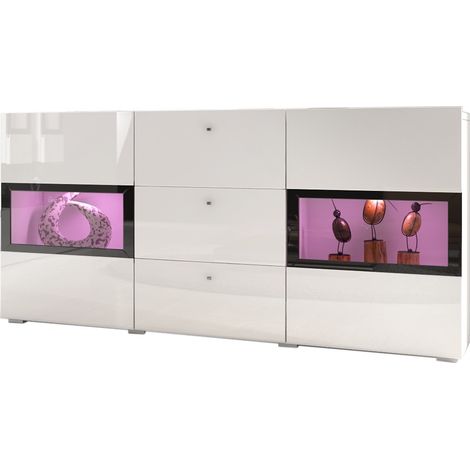 Buffet RAMOS – Farbe glänzend weiß und schwarz – Integrierte mehrfarbige LEDs - 2 Glastüren + 3 Schubladen