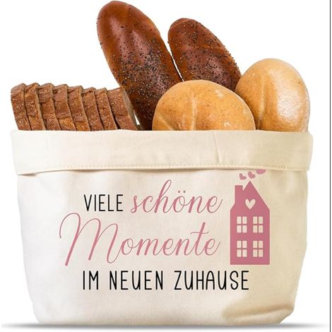 Corbeille à pain en tissu - Cadeau de pendaison de crémaillère ou de retrait - Avec inscription « Viele schöne Momente im neuen Zuhause » appartement (1/5)