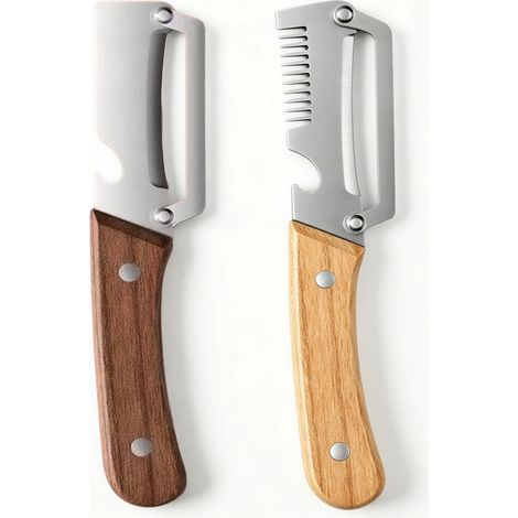 Irovami – Coupe-oignons verts multifonctionnel + éplucheur – Outil de cuisine 3 en 1 – Épluche, coupe en julienne et ouvre bouteille – Manche en bois naturel – Argent/Bois