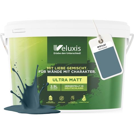 Peinture murale bleu gris pétrole mate pour intérieur – pouvoir couvrant classe 1, sans COV, sans apprêt, format économique – salon et chambre – 2,5 L – Veluxis (Blue Mussel)