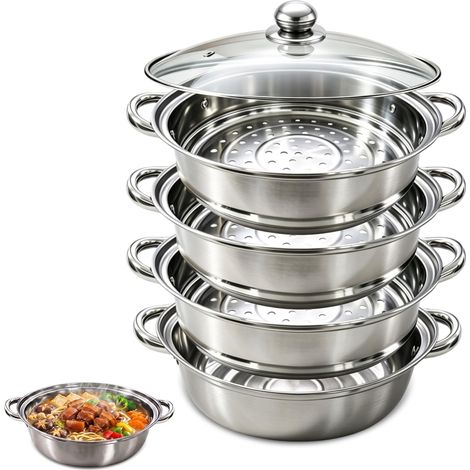 Steamery Cuiseur vapeur et marmite à vapeur, 28 cm, en acier inoxydable, avec insert, 3 à 4 niveaux, avec couvercle, pour légumes, fruits de mer, soupes, ragoûts et pâtes (quatre) (1/5)