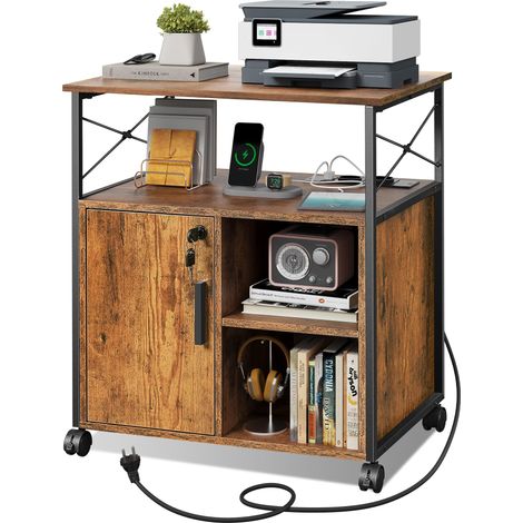 Caisson bureau mobile verrouillable brun, recharge 4 prises et étagères réglables (1/5)