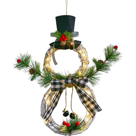Beleuchteter Weihnachtskranz, Weinrebenkranz mit Hut und Schleife, Schneemannkranz für die Haustür, Gartendekoration (1/3)