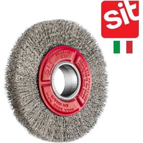 Brosse circulaire 150 mm – Fils ondulés en acier pour satinage et ébavurage – Alésage 38 mm – Largeur 20 mm – Vitesse max 6000 tr/min – SIT