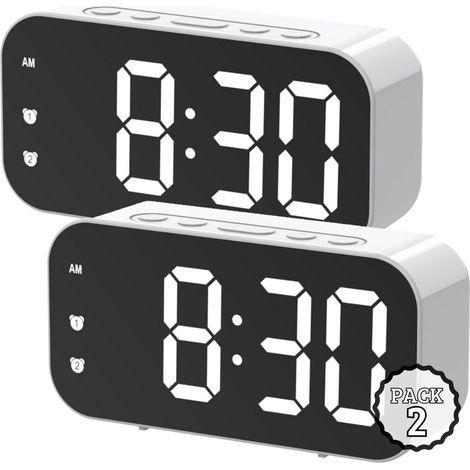 Lot de 2 réveils numériques avec double alarme, écran LED, miroir HD, lumière nocturne chaude par voix, luminosité réglable, température en temps réel, silencieux, blanc (1/5)