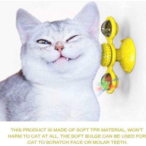 Jouet interactif pour chat en forme de moulin à vent, avec balle lumineuse LED, herbe à chat, ventouse et jouet d'exercice, jaune (1/5)