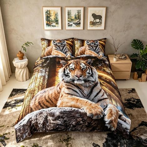 Tigre Housse de Couette 140x200cm Safari Tigre Parure de Lit pour Enfants Garçons Animaux Sauvages Literie Set Couverture de Couette en Microfibre Douce Parure de Lit (1/5)