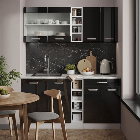Cucina monoblocco R-Line, Nero lucido/bianco, 160 cm Senza piano di lavoro, Vicco (1/5)