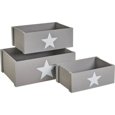 Caisse de rangement rectangulaire - JUANIO - Lot de 3 - Contre-plaqué - Empilables - Motif étoile gris (1/4)