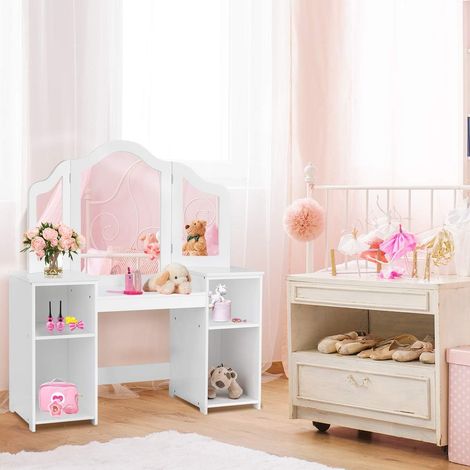 COSTWAY 2 in 1 Kinder Schminktisch Schreibtisch mit abnehmbarem Spiegel, Frisiertisch Maedchen mit offenen Faechern, Frisierkommode Holz, Schminkkommode weiss (1/5)