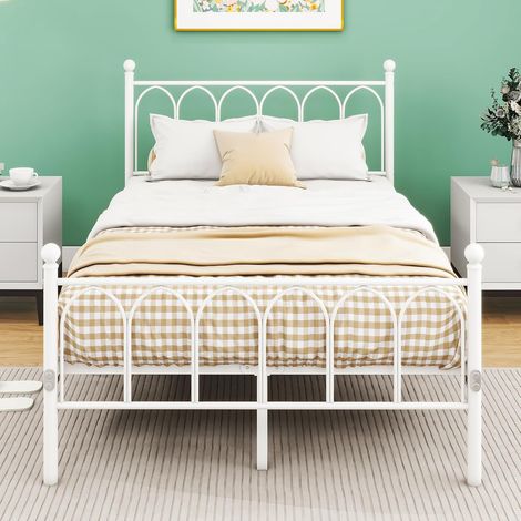 Metal Bed Frame 120 x 200 cm with Slatted Base, Double/Single Bed with Headboard and Footstool, Guest Room Guest Bed, No Noise, White (1/5)