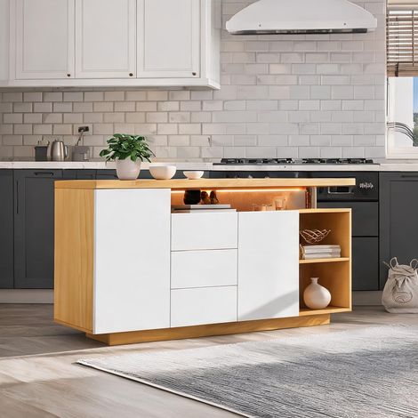 Buffet 2 portes 3 tiroirs 140 cm blanc chêne clair (1/5)