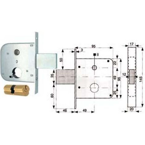 2PZ SERRATURA INFILARE CANCELLI CATENACCIO SCROCCO + QUADRO CILINDRO TONDO 134