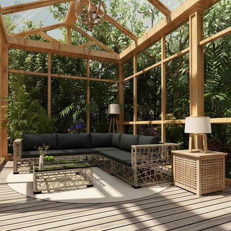 Salon de jardin 6 pcs Ensemble Table et Chaise de Jardin - avec coussins Résine tressée Gris BV967302 - BonneVie (1/5)