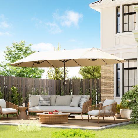 Parasol jardin XXL pied croix grande taille 4,6x2,7x2,4H cm acier polyester, crème