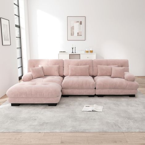 Luxuriöses Modulares Ecksofa - Übergroßes L-förmiges Cloud Couch für Wohnzimmer, Tiefes Schlafsofa mit Ottoman, Cord, Chenille Rosa