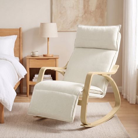 Mecedora con aspecto de lino, reposapiés ajustable en 5 posiciones y acabado en lino, para salón, color blanco crema. (1/5)